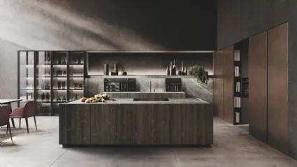 Cucina Design con isola in legno di Abete Nero e gres finitura marble grey e colonne in laccato metal Bluna Metal 4|0 di Binova